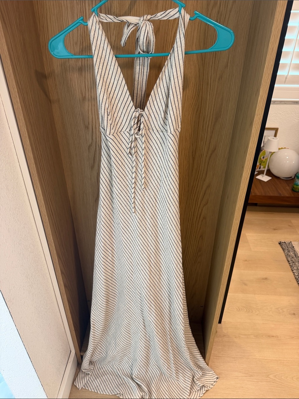 REVOLVE Cream and Black Striped Halter Maxi Dress